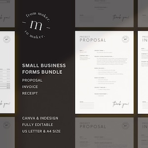 Puede incluir: Un paquete de formularios para pequeñas empresas con un diseño minimalista. El paquete incluye plantillas de propuesta, factura y recibo. El texto "Small Business Forms Bundle" se muestra de forma destacada, junto con "Canva & Indesign" y "US Letter & A4 Size."