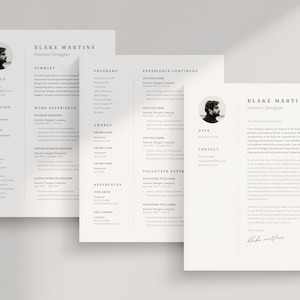 Op de afbeelding: Een zwart-witte cv voor Blake Martins, een interieurontwerper. De cv bevat contactgegevens, opleiding, werkervaring, vaardigheden, programma's, onderscheidingen, referenties en een samenvatting van zijn ervaring.
