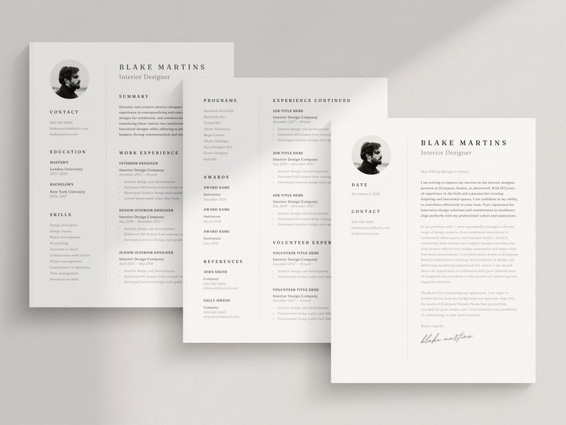 Op de afbeelding: Een zwart-witte cv voor Blake Martins, een interieurontwerper. De cv bevat contactgegevens, opleiding, werkervaring, vaardigheden, programma's, onderscheidingen, referenties en een samenvatting van zijn ervaring.