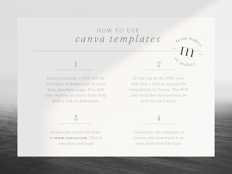 Puede incluir: Un fondo blanco con texto negro que explica c&oacute;mo usar las plantillas de Canva. El texto incluye los pasos: 1. Al comprar, un PDF estar&aacute; disponible para descargar en la p&aacute;gina de compra de Etsy. Tambi&eacute;n recibir&aacute;s un correo electr&oacute;nico de Etsy con un enlace para descargar. 2. En la parte superior del PDF, encontrar&aacute;s un enlace para acceder a la(s) plantilla(s) en Canva. El PDF tambi&eacute;n incluye instrucciones sobre c&oacute;mo usar Canva. 3. Descarga Canva gratis en www.canva.com. Es muy r&aacute;pido y f&aacute;cil. 4. Personaliza la plantilla en Canva y desc&aacute;rgala en tu tipo de archivo preferido.