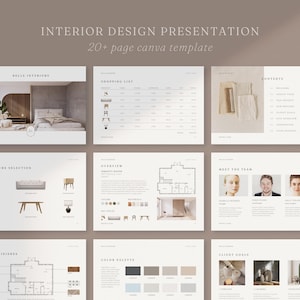 Propuesta de proyecto de diseño de interiores / Plantilla de Canva para tablero de ideas / Presentación profesional Diseñadores de interiores / Arquitectos / Calendario de FF&E