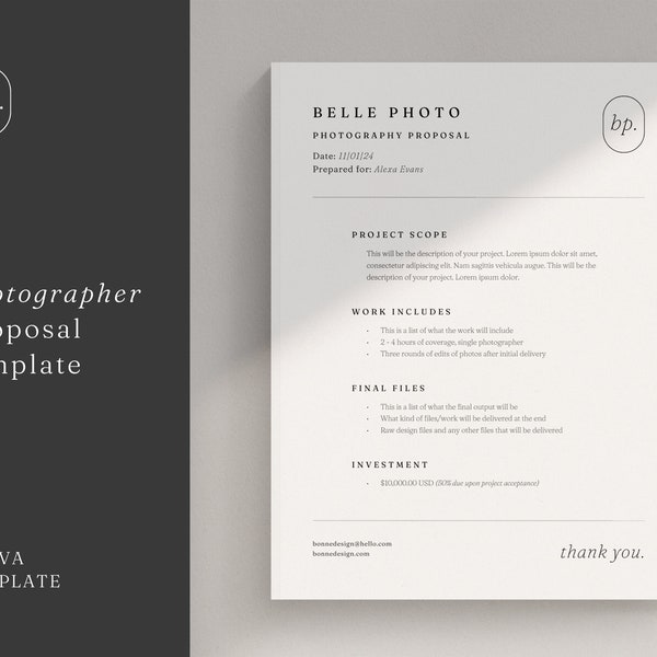 Minimal Photographer 1 Page Proposal Template | Photography Proposal Canva | Project Proposal | Simple Work Bid | Photo Contract Form