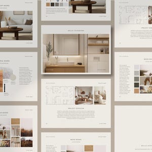 May include: A mood board for a home interior design project. The board features a variety of images, including a living room with a sofa, a bathroom with a sink and mirror, and a variety of textures and colours. The board also includes the text "Bella Interiors".