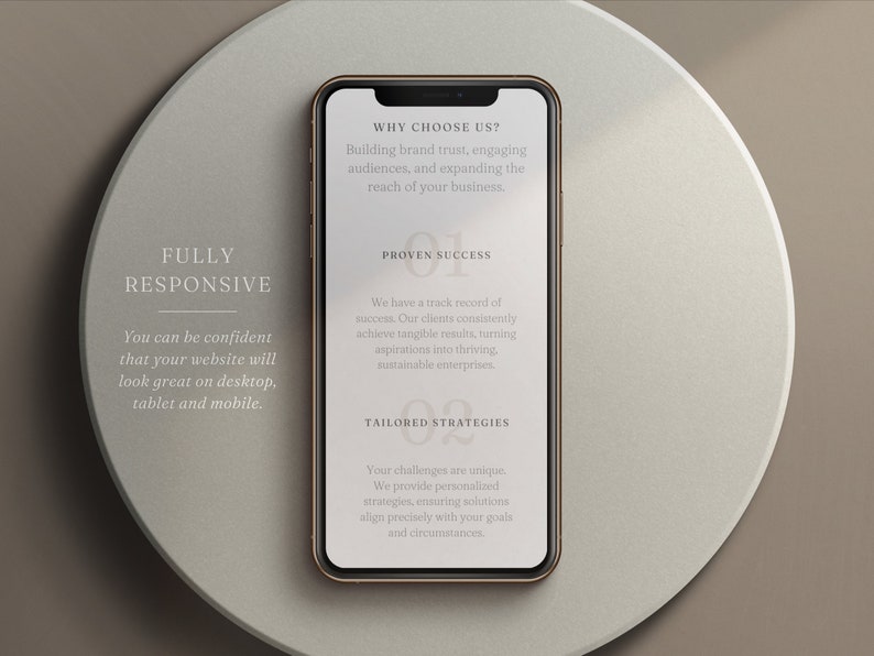 May include: A smartphone mockup on a white and brown background. The phone screen displays a website design with the text "Why Choose Us?" and "Proven Success" and "Tailored Strategies".