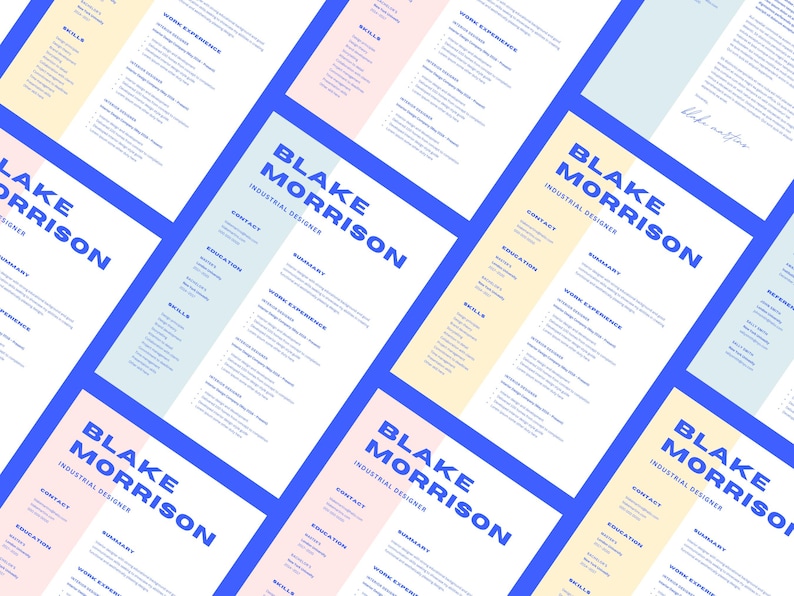 May include: A resume template with a colourful design. The template is divided into sections for contact information, education, summary, work experience, and skills. The name "Blake Morrison" is displayed in bold blue text at the top of the page.