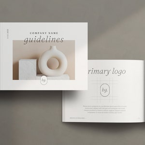 Puede incluir: Un folleto blanco de directrices de marca con el texto "COMPANY NAME guidelines" y un jarrón de cerámica blanco con forma de anillo en la portada. La página interior muestra una cuadrícula con el texto "primary logo" y el texto "bg." dentro de un círculo.