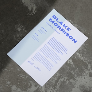 May include: A white CV with blue text. The CV is for Blake Morrison, an Industrial Designer. The CV includes contact information and a description of their experience.