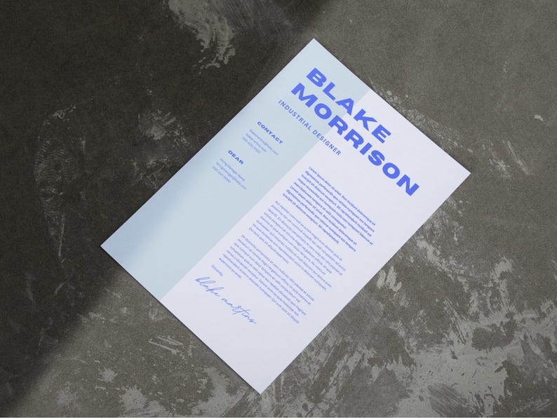 May include: A white CV with blue text. The CV is for Blake Morrison, an Industrial Designer. The CV includes contact information and a description of their experience.