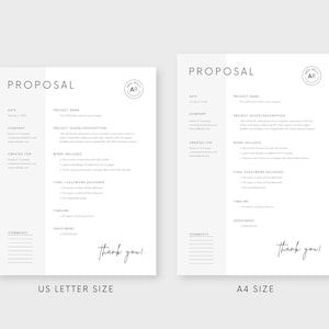 K&ouml;nnte beinhalten: Eine schwarz-wei&szlig;e Proposal-Vorlage mit dem Text "PROPOSAL" oben auf der Seite. Die Vorlage enth&auml;lt Abschnitte f&uuml;r Datum, Projektname, Unternehmen, erstellt f&uuml;r, Arbeitsumfang, finale Dateien/gelieferte Arbeit, Zeitplan, Investition und Kommentare. Die Vorlage ist in den Gr&ouml;&szlig;en US Letter und A4 verf&uuml;gbar.