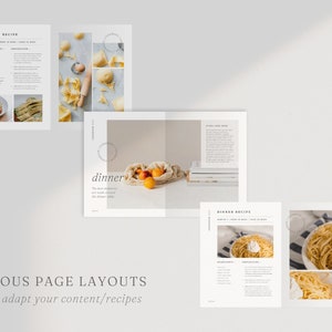 May include: A cookbook template with various page layouts for lunch and dinner recipes. The pages feature images of food, text, and a simple design.