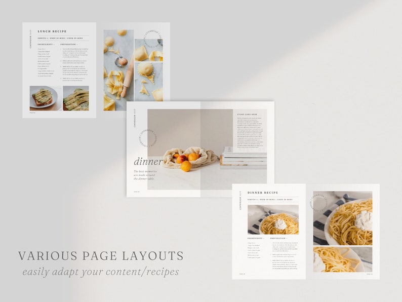 May include: A cookbook template with various page layouts for lunch and dinner recipes. The pages feature images of food, text, and a simple design.