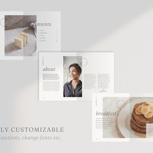 May include: A white and gray cookbook mockup with the words "contents", "about", and "breakfast" on the covers. The cookbook features a photo of a woman on the "about" page and a photo of a stack of pancakes with bananas on the "breakfast" page.