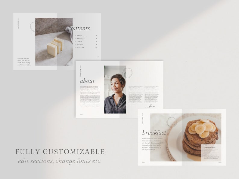 May include: A white and gray cookbook mockup with the words "contents", "about", and "breakfast" on the covers. The cookbook features a photo of a woman on the "about" page and a photo of a stack of pancakes with bananas on the "breakfast" page.