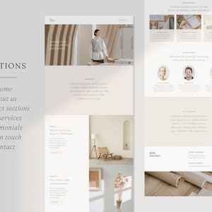May include: A website design layout with a neutral color palette. The page includes sections for home, about us, project sections, services, testimonials, and contact. The design features images of interior design projects and client testimonials.