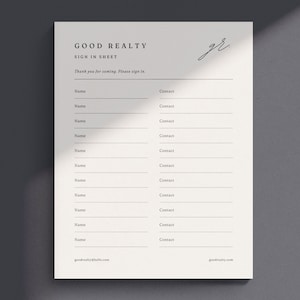 Minimal Sign In Sheet Template | Sign In Sheet Canva | Open House Template | Real Estate Marketing | Estate Agent | Open House Flyer