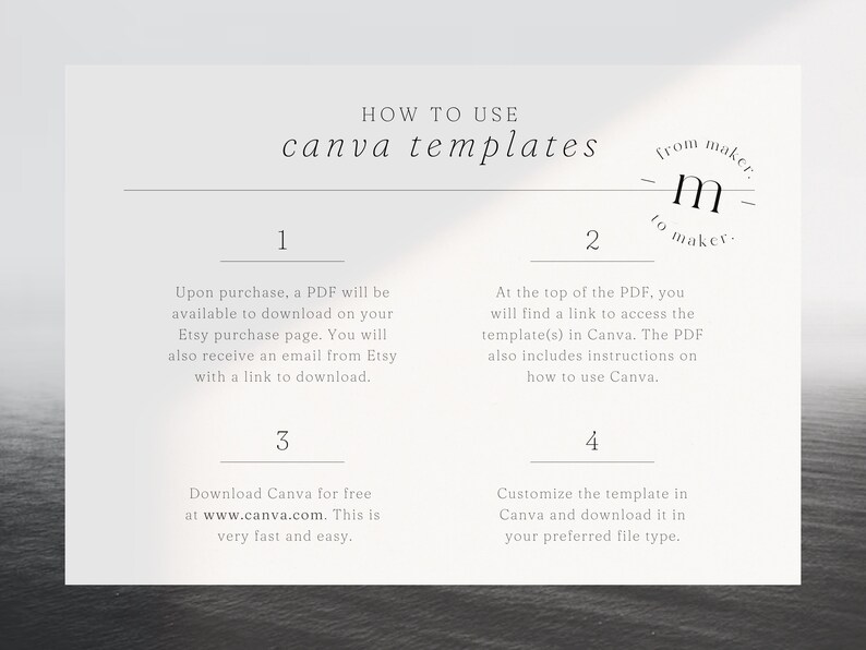 May include: A white background with a gray overlay and text that reads "HOW TO USE canva templates from maker. m- to maker."  The text is divided into four numbered sections with instructions on how to use Canva templates.