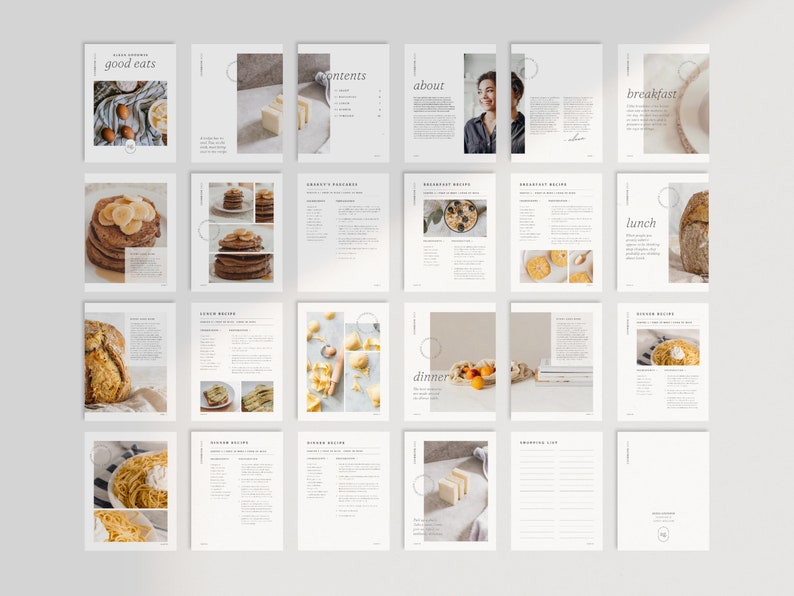 May include: A cookbook with a white background and a minimalist design. The cover features the text "good eats" in a simple font. The pages are filled with recipes and photos of delicious food, including pancakes, bread, pasta, and more.
