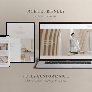 May include: A smartphone, tablet, and laptop display a website design. The laptop screen shows a woman in a vest. The text on the image reads "MOBILE FRIENDLY responsive design" and "FULLY CUSTOMIZABLE edit sections, change fonts etc."