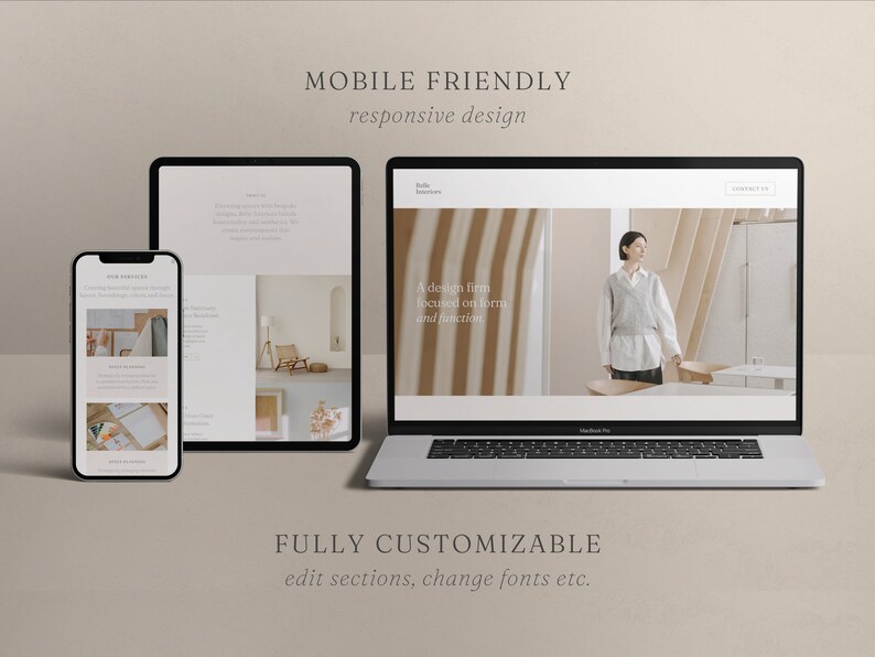 May include: A smartphone, tablet, and laptop display a website design. The laptop screen shows a woman in a vest. The text on the image reads "MOBILE FRIENDLY responsive design" and "FULLY CUSTOMIZABLE edit sections, change fonts etc."