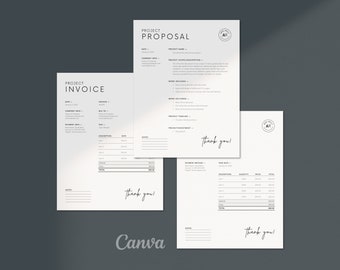 May include: A black and white minimalist invoice and proposal template with the text "Project Invoice" and "Project Proposal" at the top of each page. The templates include sections for date, company info, bill no., due, description, rate, notes, payment method, due date, description, quantity, price, and total. The bottom of each page includes the text "Thank you!" and a small logo with the letters "AR".