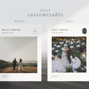 Pode incluir: Dois guias de pre&ccedil;os para servi&ccedil;os de fotografia. O primeiro guia &eacute; para Belle Photo e apresenta um casal caminhando para longe da c&acirc;mera em uma colina gramada. O segundo guia &eacute; para Beau Image e apresenta uma imagem desfocada de um casal em p&eacute; sob uma corda de luzes.