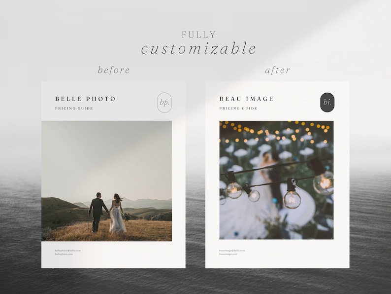 Pode incluir: Dois guias de pre&ccedil;os para servi&ccedil;os de fotografia. O primeiro guia &eacute; para Belle Photo e apresenta um casal caminhando para longe da c&acirc;mera em uma colina gramada. O segundo guia &eacute; para Beau Image e apresenta uma imagem desfocada de um casal em p&eacute; sob uma corda de luzes.