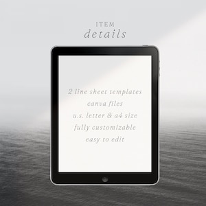 May include: A tablet screen displaying text about 2 line sheet templates for Canva, available in US Letter and A4 sizes. The templates are fully customizable and easy to edit.