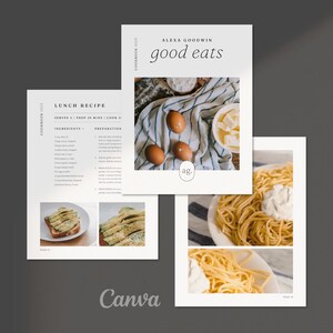 Puede incluir: Una portada de libro de cocina con el título "good eats" de Alexa Goodwin. La portada presenta un tazón blanco con cubos de mantequilla y tres huevos marrones sobre una toalla a rayas azules y blancas.