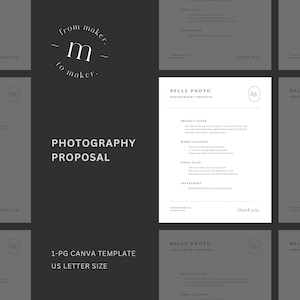 Sjabloon voor minimalistisch fotografievoorstel: werkbod trouwfotograaf (canva)