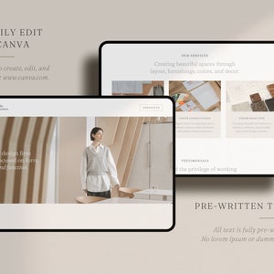 May include: Two digital tablets displaying website layouts. One tablet shows a woman in a neutral-toned interior. The other tablet highlights services: color consultation and finish selection. Text includes "EASILY EDIT IN CANVA" and "PRE-WRITTEN TEXT".