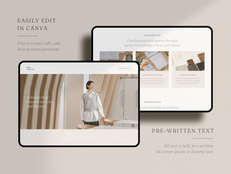May include: Two digital tablets displaying website layouts. One tablet shows a woman in a neutral-toned interior. The other tablet highlights services: color consultation and finish selection. Text includes "EASILY EDIT IN CANVA" and "PRE-WRITTEN TEXT".