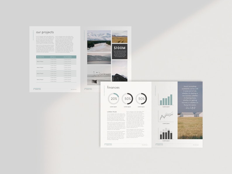 K&ouml;nnte beinhalten: Ein dreiseitiges Dokument mit wei&szlig;em Hintergrund und schwarzem Text. Die erste Seite tr&auml;gt den Titel "Unsere Projekte" und enth&auml;lt eine Tabelle mit Spalten f&uuml;r "Projekte", "Details" und "Ergebnisse". Die zweite Seite tr&auml;gt den Titel "Finanzen" und enth&auml;lt ein Kreisdiagramm mit drei Abschnitten, die mit "20%", "50%" und "50%" beschriftet sind. Die dritte Seite enth&auml;lt ein Balkendiagramm, ein Liniendiagramm und ein Textfeld mit einem Zitat &uuml;ber Risiko.