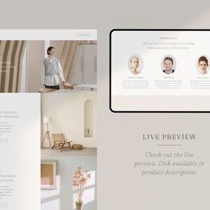 May include: A website design showcasing a modern interior design firm. The design includes a homepage with a photo of a woman, a testimonial section, and a call to action for a live preview. The text includes "A design firm focused on form and function."