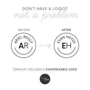 K&ouml;nnte beinhalten: Eine Grafik, die zeigt, wie man ein Logo f&uuml;r sein Unternehmen erstellt. Der Text lautet "Sie haben kein Logo? Kein Problem." Das Bild zeigt ein Vorher-Nachher-Beispiel eines Logos. Das Logo davor ist ein Kreis mit dem Text "Ariel Reilly" und den Initialen "AR" darin. Das Logo danach ist ein Kreis mit dem Text "Evan Hayes" und den Initialen "EH" darin. Der Text "Vorlage beinhaltet ein anpassbares Logo" befindet sich unter dem Bild.