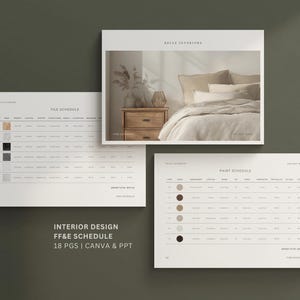 Interior Design FF&E Schedule Template: Furniture Fixtures Finishes Timeline (Canva and PPT)