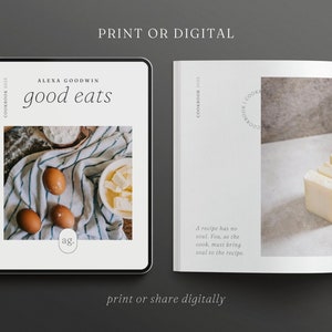 May include: A digital cookbook cover with the title "good eats" by Alexa Goodwin. The cover features a photo of eggs, butter, and flour on a striped kitchen towel.