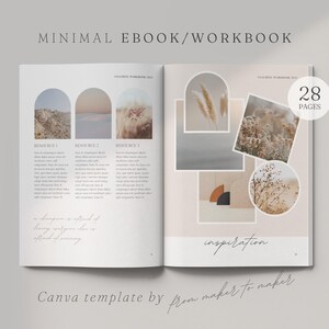 Pode incluir: Um modelo de ebook ou caderno minimalista com 28 páginas. A capa apresenta uma colagem de imagens com uma paleta de cores neutras, incluindo gramíneas secas, plantas e formas geométricas. O texto "inspiração" está escrito em itálico na parte inferior da página.