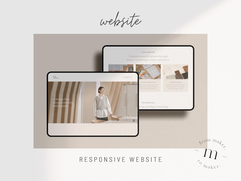 Pu&ograve; includere: Un mockup di sito web che mostra un design reattivo con un'estetica minimalista. Il sito web presenta uno sfondo beige chiaro con testo e immagini nere. Il testo sul sito web recita "Design Each Detail" e "The privilege of working".