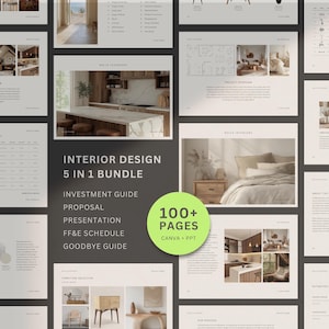 Puede incluir: Un paquete digital de diseño de interiores con múltiples páginas. El paquete incluye una guía de inversión, propuesta, presentación, cronograma FF&E y guía de despedida. El paquete tiene más de 100 páginas y es compatible con Canva y PPT.