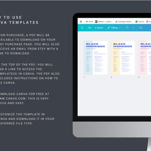 May include: A computer screen displaying a Canva template with the text "BLAKE MORRISON" in blue and white. The template is a resume with four different colour schemes. The text "HOW TO USE CANVA TEMPLATES" is displayed on the left side of the screen.