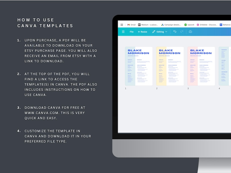 May include: A computer screen displaying a Canva template with the text "BLAKE MORRISON" in blue and white. The template is a resume with four different colour schemes. The text "HOW TO USE CANVA TEMPLATES" is displayed on the left side of the screen.