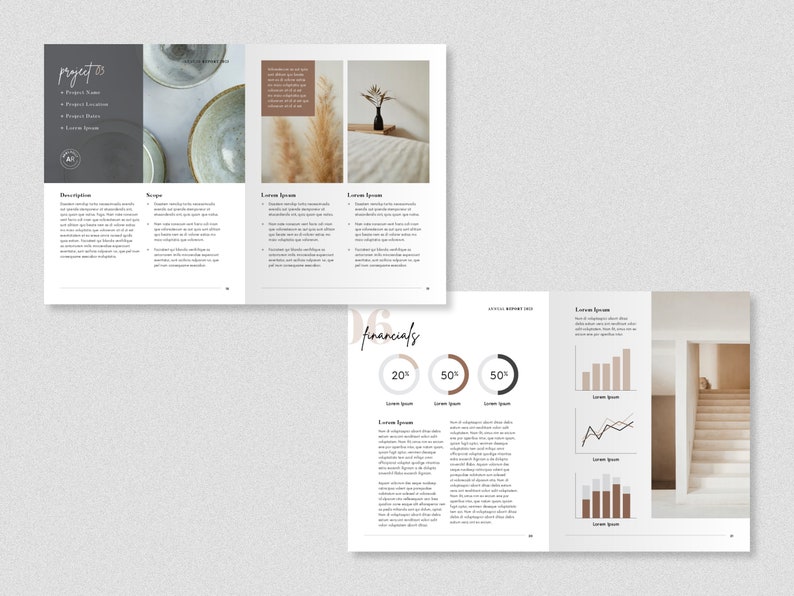 Puede incluir: Un documento de propuesta de proyecto con una imagen en blanco y negro de un cuenco de cer&aacute;mica en la p&aacute;gina izquierda. La p&aacute;gina derecha tiene una foto de un jarr&oacute;n con hierba de la pampa seca y una secci&oacute;n de texto titulada "Financials" con un gr&aacute;fico circular que muestra 20%, 50% y 50%.