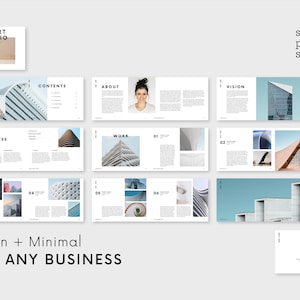 Puede incluir: Dise&ntilde;o de portafolio minimalista con fotograf&iacute;a arquitect&oacute;nica y texto. Incluye secciones para contenido, sobre, visi&oacute;n, valores y trabajo. El texto "Clean + Minimal FOR ANY BUSINESS" es visible. Se ve el logotipo de Simple Print Studios.
