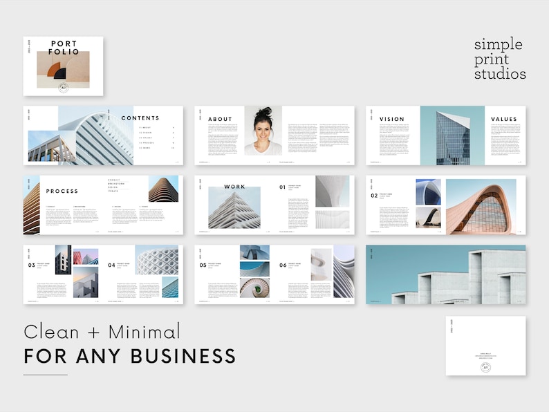 Puede incluir: Dise&ntilde;o de portafolio minimalista con fotograf&iacute;a arquitect&oacute;nica y texto. Incluye secciones para contenido, sobre, visi&oacute;n, valores y trabajo. El texto "Clean + Minimal FOR ANY BUSINESS" es visible. Se ve el logotipo de Simple Print Studios.