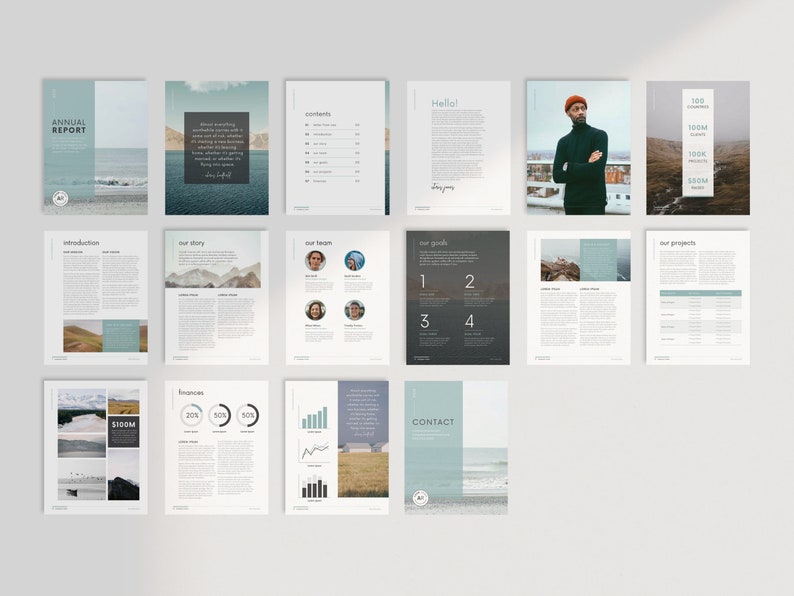 K&ouml;nnte beinhalten: Ein Mockup eines Unternehmens-Jahresberichts mit einem blau-wei&szlig;en Farbschema. Der Bericht enth&auml;lt Bilder von Landschaften, Grafiken und einer Person. Der Bericht enth&auml;lt den folgenden Text: "Jahresbericht", "Inhalt", "Hallo!", "Unsere Ziele", "Unsere Projekte", "Finanzen", "Kontakt", "100 Mio. &euro;", "100", "100 Mio. &euro;", "100.000 &euro;".