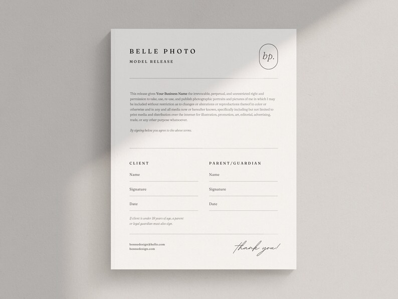 Minimal Photographer Model Release Template | Photography Minor Model ...