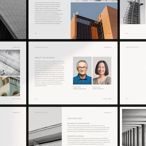 Op de afbeelding: Een meerpagina architectuur portfolio lay-out met zwart-wit fotografie van gebouw exterieurs, technische blauwdrukken en professionele portretfoto's van twee architecten naast beschrijvende tekst over diensten en ontwerpfilosofie.