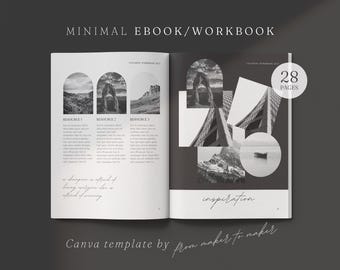 May include: A black and white image of a minimalist ebook or workbook template with 28 pages. The cover features a collage of black and white landscape photos with the text "inspiration" and "Canva template by from maker to maker".