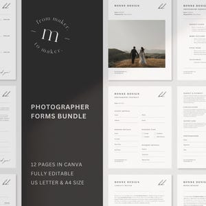Op de afbeelding: Een verzameling fotografenformulieren, waaronder contracten en offertes, met een minimalistisch ontwerp. De formulieren zijn in US Letter- en A4-formaten en volledig bewerkbaar in Canva. De tekst "Photographer Forms Bundle" en "12 Pages in Canva" is inbegrepen.