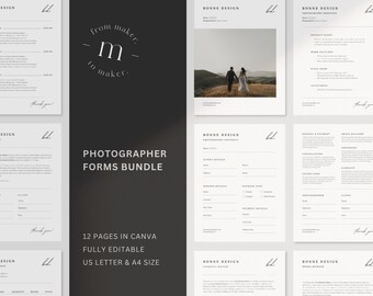 May include: A collection of photographer forms, including contracts and proposals, with a minimalist design. The forms are in US Letter and A4 sizes, fully editable in Canva. The image includes the text "Photographer Forms Bundle" and "12 Pages in Canva".